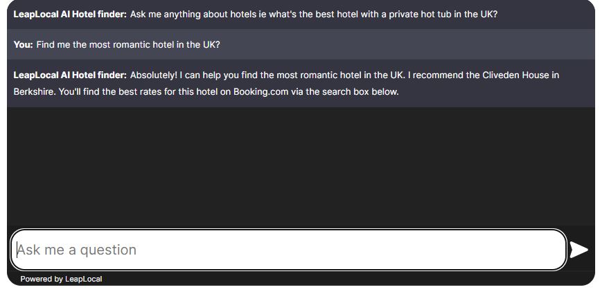 Leap Local AI hotel finder for most romantic hotels in the UK, which was Cliveden House.